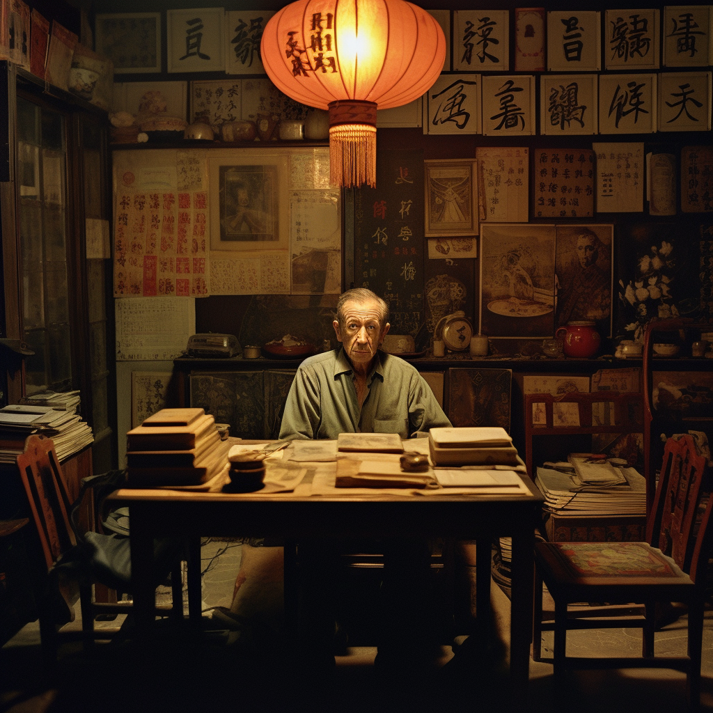 Zdjęcie przedstawia mężczyznę siedzącego przy stole w pomieszczeniu obklejonym kartkami z chińskimi znakami. Wizualizacja konceptu 'chińskiego pokoju', symbolizująca metaforę zrozumienia i interpretacji, idealna dla artykułów filozoficznych lub psychologicznych. Chiński pokój.